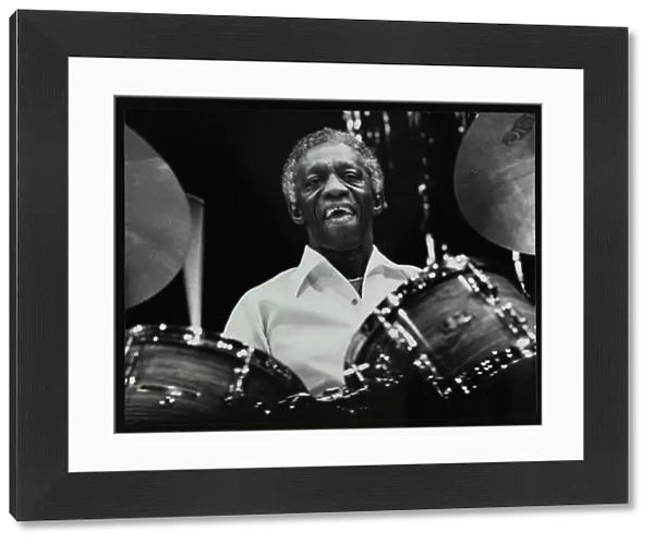 Art Blakey on stage with the Jazz Messengers at the Forum Theatre, Hatfield, Hertfordshire, 1978