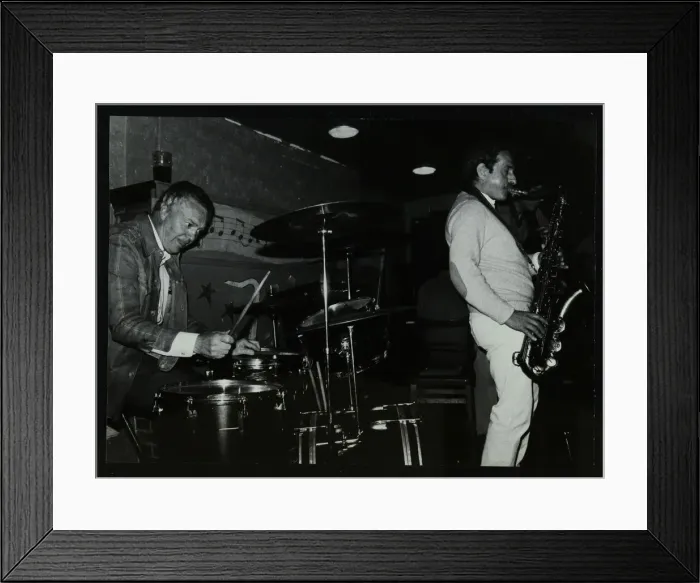 Framed Print : Derek Hogg (drums) and Bobby Wellins (saxophone) playing at The Bell, Codicote, Hertfordshire, 1985 Framed Print : Derek Hogg (drums) and Bobby Wellins (saxophone) playing at The Bell, Codicote, Hertfordshire, 1985