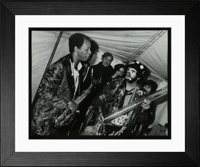 Framed Print : American saxophonist Ornette Coleman meets a clown, Bracknell Jazz Festival, Berkshire, 1978 Framed Print : American saxophonist Ornette Coleman meets a clown, Bracknell Jazz Festival, Berkshire, 1978