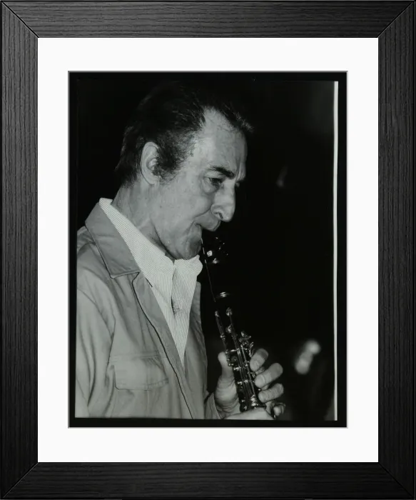 Framed Print : American clarinetist Buddy DeFranco playing at the Bass Clef, London, 1985. Artist Framed Print : American clarinetist Buddy DeFranco playing at the Bass Clef, London, 1985. Artist