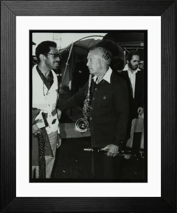 Framed Print : Philly Joe Jones and Earle Warren chatting at the Newport Jazz Festival, Middlesbrough, 1978 Framed Print : Philly Joe Jones and Earle Warren chatting at the Newport Jazz Festival, Middlesbrough, 1978