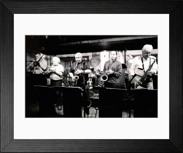 Framed Print : Mark Nightingale, Henry Lowther, Alex Garnett and Alan Stuart, Watermill, Dorking, Surrey, 2000 Framed Print : Mark Nightingale, Henry Lowther, Alex Garnett and Alan Stuart, Watermill, Dorking, Surrey, 2000
