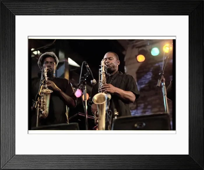 Framed Print : Soweto Kinch, Denys Baptiste, Brecon, 2005. Artist: Brian O Connor Framed Print : Soweto Kinch, Denys Baptiste, Brecon, 2005. Artist: Brian O Connor
