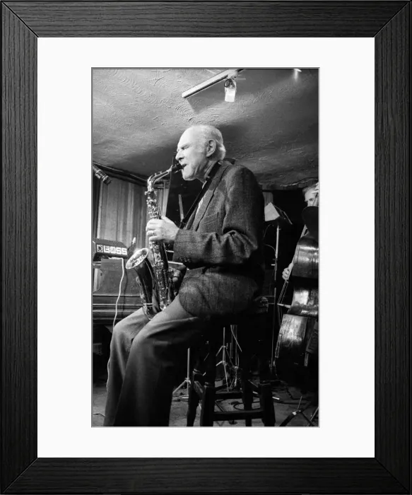 Framed Print : Herb Geller, Bass Clef, London, April 1990. Artist: Brian O Connor Framed Print : Herb Geller, Bass Clef, London, April 1990. Artist: Brian O Connor