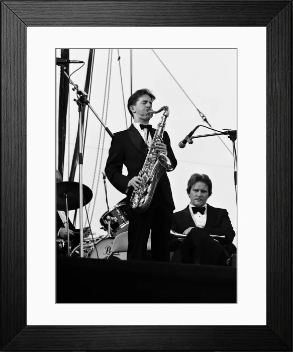 Framed Print : Scott Hamilton and Warren Vache, Capital Jazz Festival, Knebworth, July 1982. Artist Framed Print : Scott Hamilton and Warren Vache, Capital Jazz Festival, Knebworth, July 1982. Artist
