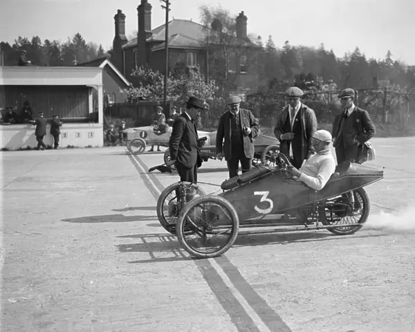 Morgan and Crouch cars on the start line of a motor race, Brooklands, 1914. Artist: Bill Brunell