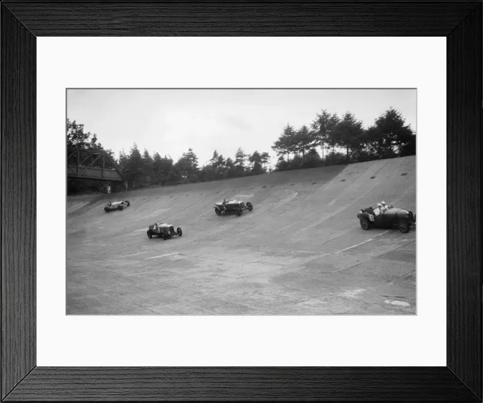Framed Print : Bugatti Type 43, Sunbeam and Invicta racing on the Members Banking at Brooklands Framed Print : Bugatti Type 43, Sunbeam and Invicta racing on the Members Banking at Brooklands