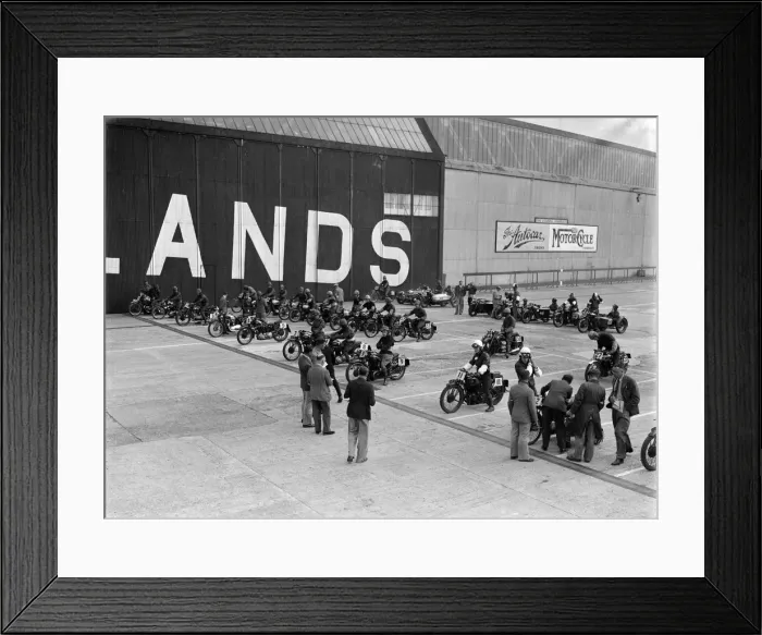 Framed Print : Motorcycles on the start line at the MCC Members Meeting, Brooklands, 10 September 1938 Framed Print : Motorcycles on the start line at the MCC Members Meeting, Brooklands, 10 September 1938