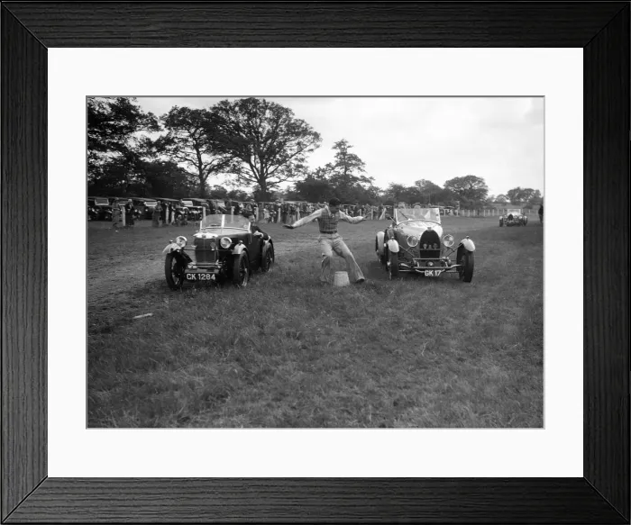 Framed Print : MG M type and Bugatti Type 43 taking part in the Bugatti Owners Club gymkhana, 5 July 1931 Framed Print : MG M type and Bugatti Type 43 taking part in the Bugatti Owners Club gymkhana, 5 July 1931