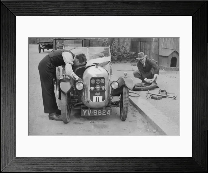 Framed Print : Working on the engine of E Martins Austin Swallow at the North West London Motor Club Trial, 1929 Framed Print : Working on the engine of E Martins Austin Swallow at the North West London Motor Club Trial, 1929