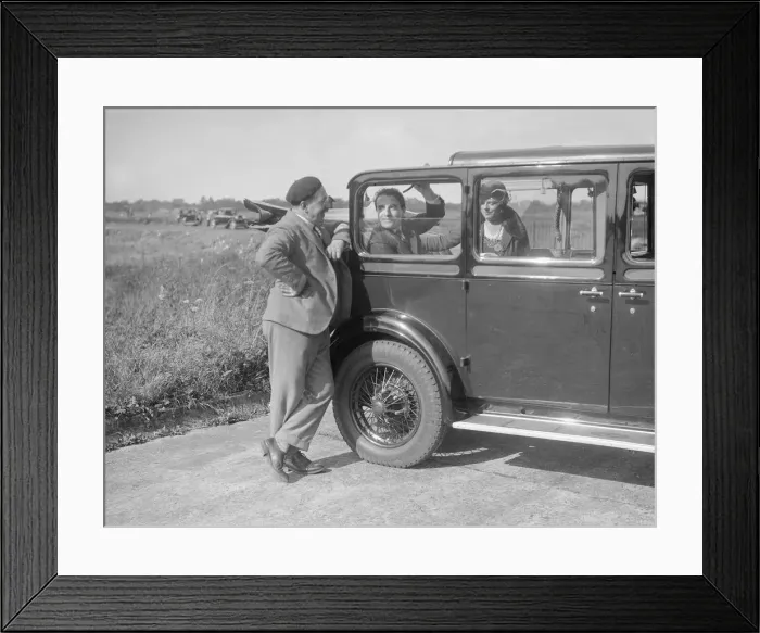 Framed Print : Hugh McConnell, Sammy Davis and Mrs Davis with an Austin 20 / 6 landaulette at Brooklands, 1931 Framed Print : Hugh McConnell, Sammy Davis and Mrs Davis with an Austin 20 / 6 landaulette at Brooklands, 1931