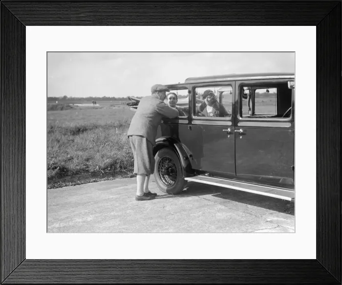 Framed Print : Hugh McConnell, Sammy Davis and Mrs Davis with an Austin 20 / 6 landaulette at Brooklands, 1931 Framed Print : Hugh McConnell, Sammy Davis and Mrs Davis with an Austin 20 / 6 landaulette at Brooklands, 1931