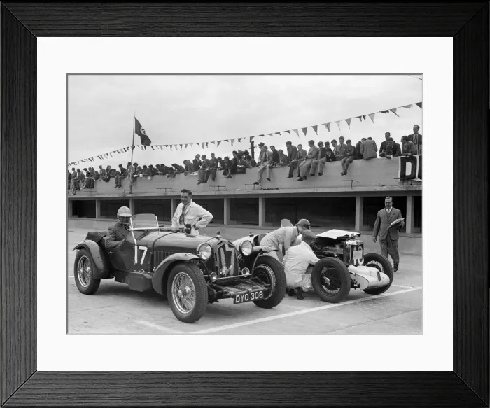 Framed Print : Alfa Romeo and supercharged MG Midget on the start line at Brooklands, 1938 or 1939