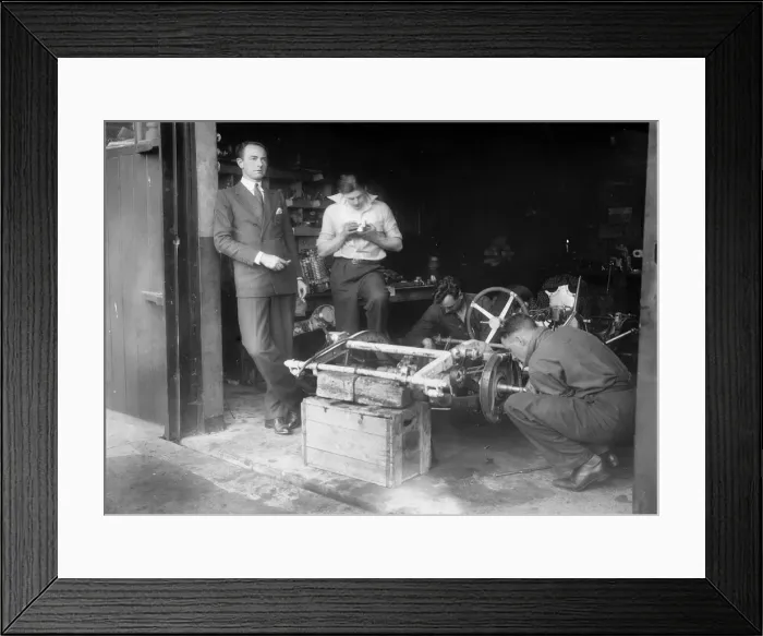 Framed Print : Working on the chassis of Raymond Mays 2996 cc Vauxhall-Villiers. Artist: Bill Brunell Framed Print : Working on the chassis of Raymond Mays 2996 cc Vauxhall-Villiers. Artist: Bill Brunell