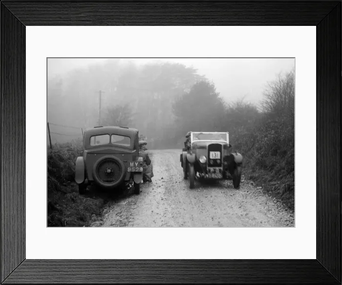 Framed Print : Triumph of J Cramer-Parry passing an officials Riley, MCC Exeter Trial, Blackhill, Dorset, 1930 Framed Print : Triumph of J Cramer-Parry passing an officials Riley, MCC Exeter Trial, Blackhill, Dorset, 1930