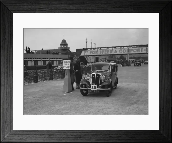 Framed Print : Standard Nine saloon competing in the JCC Rally, Brooklands, Surrey, 1939. Artist: Bill Brunell Framed Print : Standard Nine saloon competing in the JCC Rally, Brooklands, Surrey, 1939. Artist: Bill Brunell
