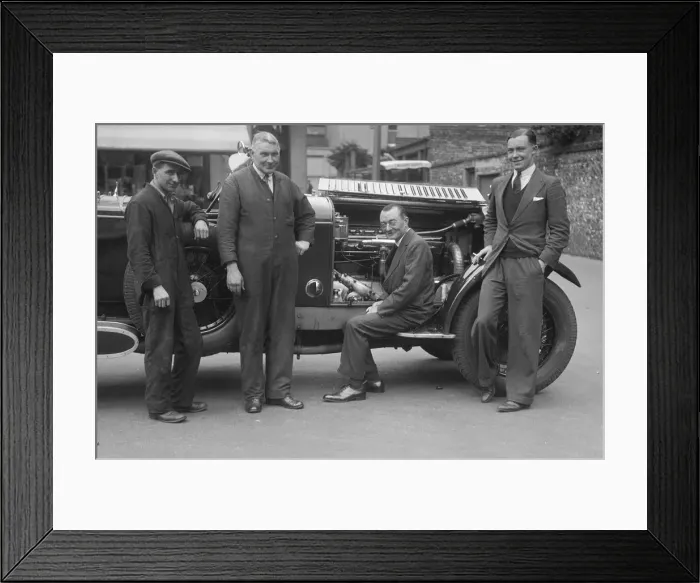 Framed Print : Four men posing beside a Minerva car. Artist: Bill Brunell