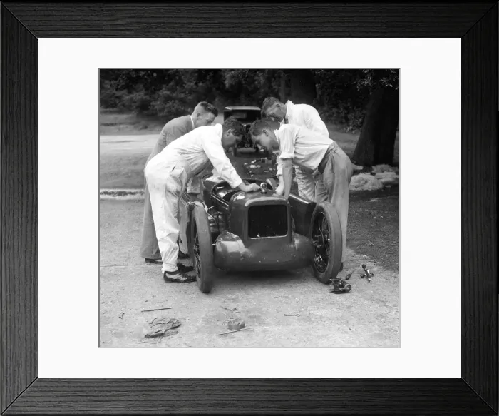 Framed Print : Mechanics working on Leon Cushmans Austin 7 racer for a speed record attempt, Brooklands, 1931 Framed Print : Mechanics working on Leon Cushmans Austin 7 racer for a speed record attempt, Brooklands, 1931