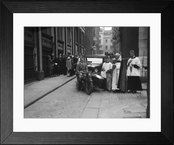 Framed Print : 600 cc Douglas motorcycle combination and a Morris Minor at a motor vehicle blessing ceremony Framed Print : 600 cc Douglas motorcycle combination and a Morris Minor at a motor vehicle blessing ceremony