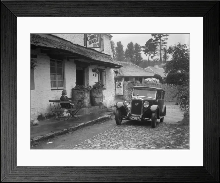 Framed Print : 1931 Austin 16 / 6 on a road test, parked outside the Church House Inn, Stoke Gabriel, Devon Framed Print : 1931 Austin 16 / 6 on a road test, parked outside the Church House Inn, Stoke Gabriel, Devon