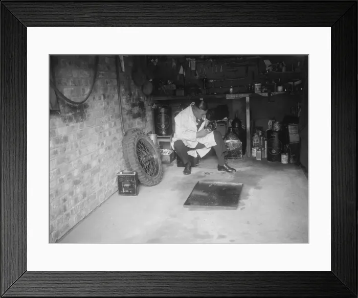 Framed Print : FA Thatcher in his garage. Artist: Bill Brunell Framed Print : FA Thatcher in his garage. Artist: Bill Brunell