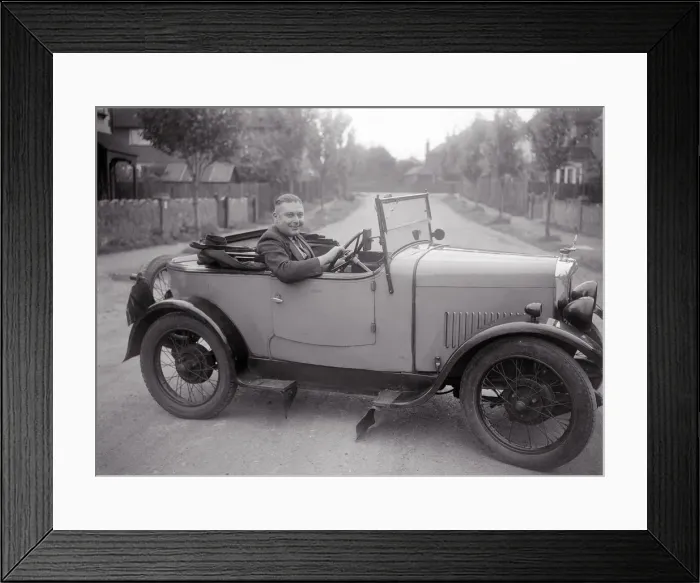 Framed Print : FA Thatcher behind the wheel of a 1929 Triumph Super Seven open four-seater. Artist: Bill Brunell Framed Print : FA Thatcher behind the wheel of a 1929 Triumph Super Seven open four-seater. Artist: Bill Brunell