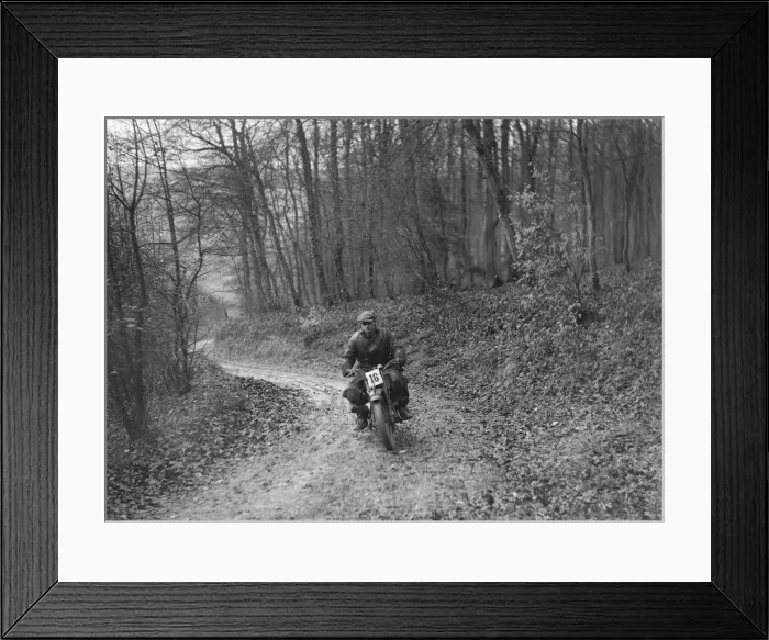Framed Print : Motorcycle competing in the Inter-Varsity Trial, November 1931. Artist: Bill Brunell Framed Print : Motorcycle competing in the Inter-Varsity Trial, November 1931. Artist: Bill Brunell