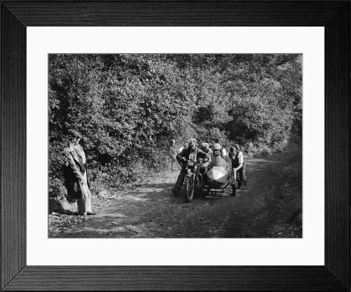 Framed Print : Motorcycle and sidecar competing in the Brighton and Hove Motor Club Brighton-Beer Trial, 1930 Framed Print : Motorcycle and sidecar competing in the Brighton and Hove Motor Club Brighton-Beer Trial, 1930