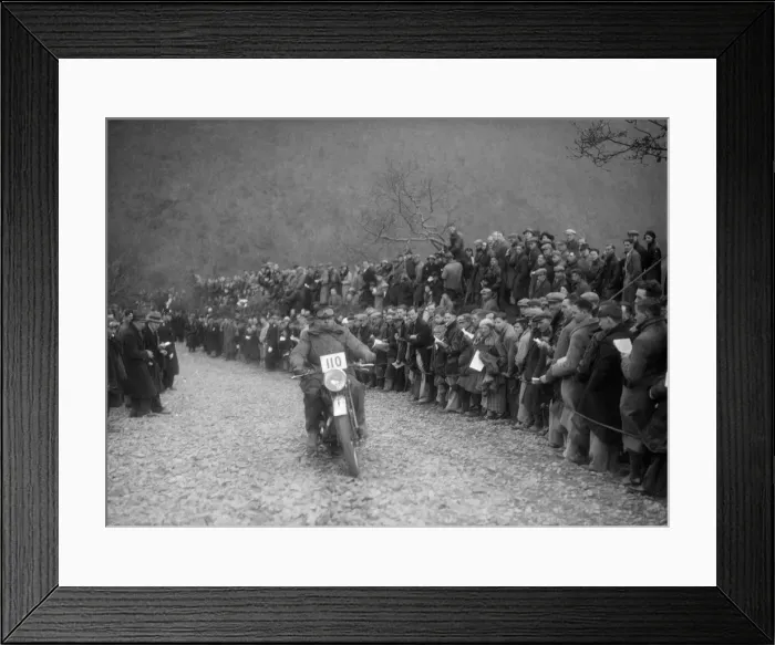 Framed Print : 347 cc AJS of J Hey competing in the MCC Lands End Trial, Beggars Roost, Devon, 1936