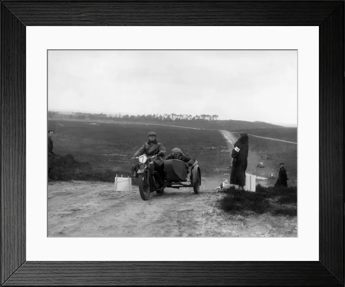 Framed Print : Motorcycle and sidecar competing in a motoring trial, Bagshot Heath, Surrey, 1930s Framed Print : Motorcycle and sidecar competing in a motoring trial, Bagshot Heath, Surrey, 1930s