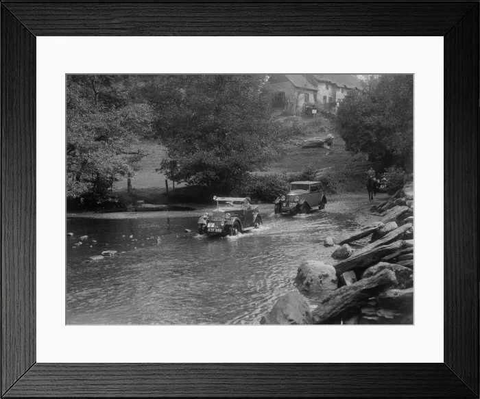 Framed Print : Morris Minor and officials Riley Monaco, Mid Surrey AC Trial, Tarr Steps, Exmoor, Somerset, 1934 Framed Print : Morris Minor and officials Riley Monaco, Mid Surrey AC Trial, Tarr Steps, Exmoor, Somerset, 1934