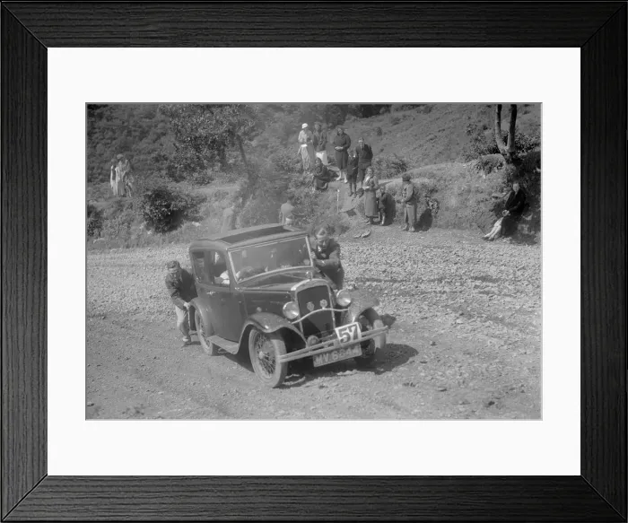Framed Print : Austin 10 saloon at the Mid Surrey AC Barnstaple Trial, Beggars Roost, Devon, 1934 Framed Print : Austin 10 saloon at the Mid Surrey AC Barnstaple Trial, Beggars Roost, Devon, 1934