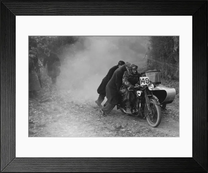 Framed Print : Motorcycle and sidecar receiving a push during a trial, c1930s. Artist: Bill Brunell Framed Print : Motorcycle and sidecar receiving a push during a trial, c1930s. Artist: Bill Brunell