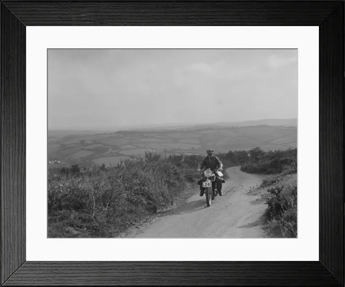 Framed Print : Motorcycle competing in the MCC Torquay Rally, 1938. Artist: Bill Brunell Framed Print : Motorcycle competing in the MCC Torquay Rally, 1938. Artist: Bill Brunell