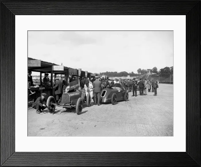 Framed Print : Bugatti Special 1 and Gwynne Special in the pits at a BARC meeting, Brooklands, 1933 Framed Print : Bugatti Special 1 and Gwynne Special in the pits at a BARC meeting, Brooklands, 1933