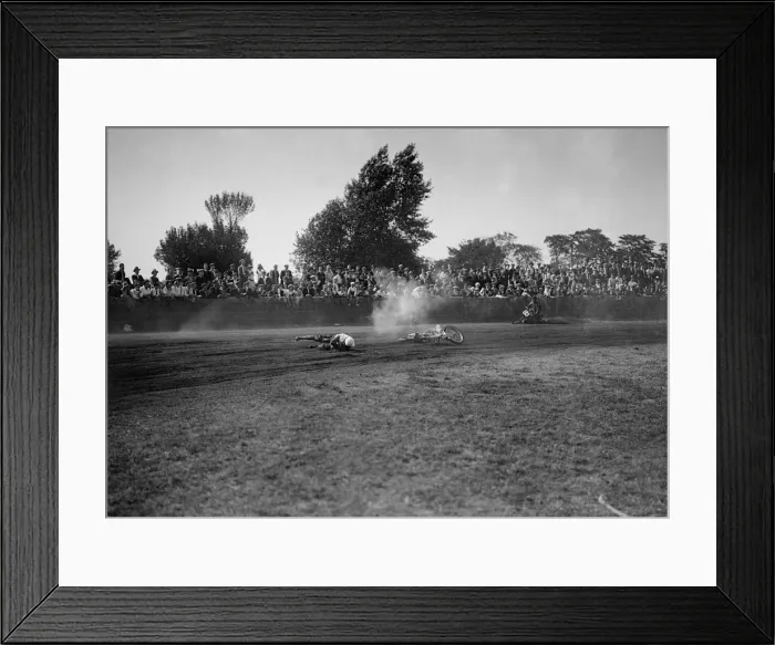 Framed Print : Fallen rider in a speedway race at Lea Bridge Stadium, Leyton, London, 1928. Artist: Bill Brunell Framed Print : Fallen rider in a speedway race at Lea Bridge Stadium, Leyton, London, 1928. Artist: Bill Brunell