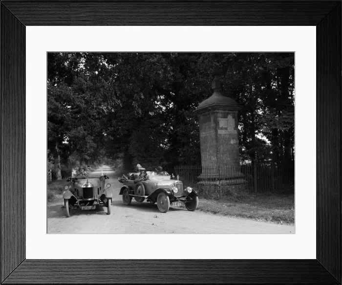 Framed Print : Calthorpe and Morris passing the Four Shire Stone, near Broadway, Worcestershire, c1920s Framed Print : Calthorpe and Morris passing the Four Shire Stone, near Broadway, Worcestershire, c1920s