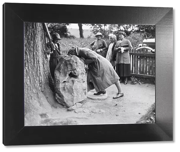 People visiting King Alfreds Blowing Stone, Kingston Lisle, near Uffington, Oxfordshire, c1920s