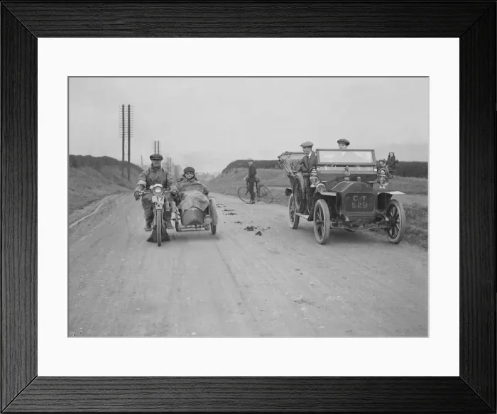 Framed Print : Right: Darracq Vehicle Reg. No. CT529 Left: Unidentified motorcycle Artist: Bill Brunell Framed Print : Right: Darracq Vehicle Reg. No. CT529 Left: Unidentified motorcycle Artist: Bill Brunell