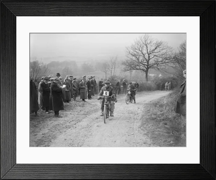Framed Print : Unidentified motorcycle at an early motoring trial, pre 1914. Artist: Bill Brunell Framed Print : Unidentified motorcycle at an early motoring trial, pre 1914. Artist: Bill Brunell
