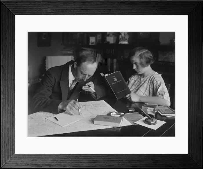 Framed Print : British motoring photographer Bill Brunell with his rally driver daughter Kitty, c1930 Framed Print : British motoring photographer Bill Brunell with his rally driver daughter Kitty, c1930