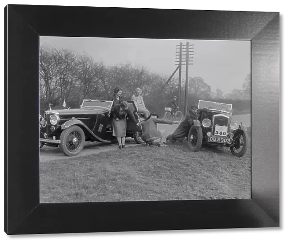 AC 4-seater tourer of Kitty Brunell and a Wolseley Hornet at the RAC Rally, 1933