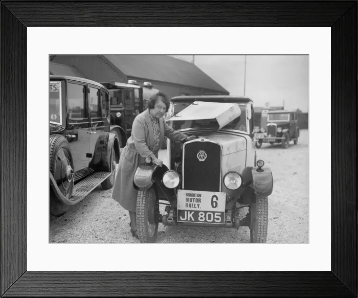 Framed Print : Mrs JW McClintock with her Triumph saloon at the B&HMC Brighton Motor Rally, 1930 Framed Print : Mrs JW McClintock with her Triumph saloon at the B&HMC Brighton Motor Rally, 1930