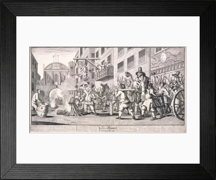 Framed Print : Burning the rumps at Temple Bar, London, 1726. Artist: William Hogarth Framed Print : Burning the rumps at Temple Bar, London, 1726. Artist: William Hogarth