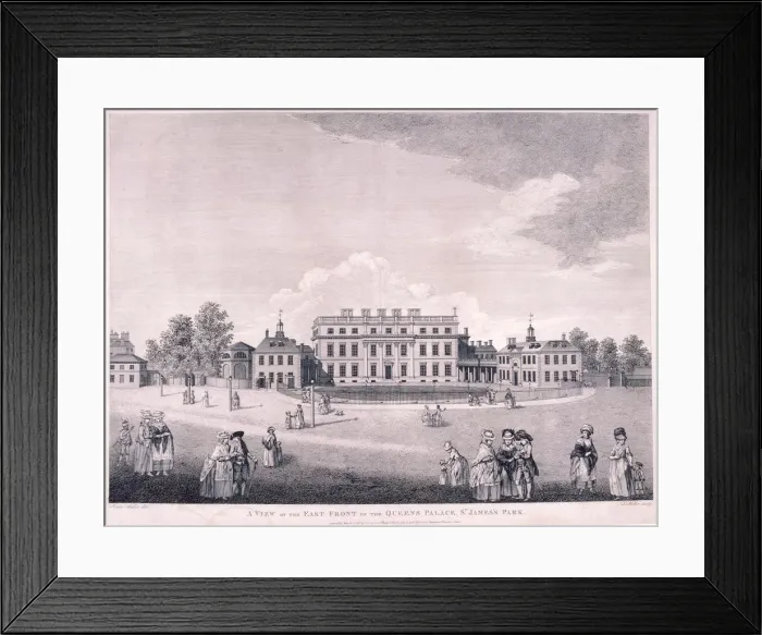 Framed Print : East front of Buckingham House, Westminster, London, 1796. Artist: James Miller Framed Print : East front of Buckingham House, Westminster, London, 1796. Artist: James Miller
