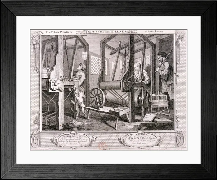 Framed Print : The fellow prentices at their looms, plate I of Industry and Idleness, 1747 Framed Print : The fellow prentices at their looms, plate I of Industry and Idleness, 1747