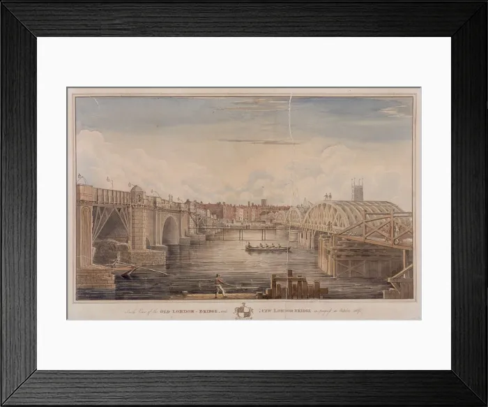 Framed Print : London Bridge (old and new), London, 1827. Artist: G Yates Framed Print : London Bridge (old and new), London, 1827. Artist: G Yates