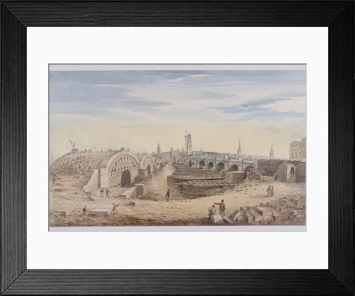 Framed Print : London Bridge (old and new), London, 1828. Artist: G Yates Framed Print : London Bridge (old and new), London, 1828. Artist: G Yates