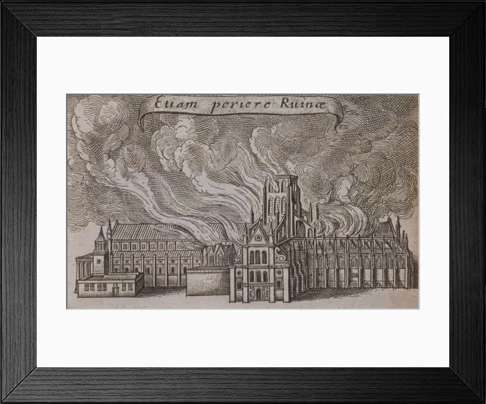 Framed Print : St Pauls Cathedral (old), London, on fire, 1666. Artist: Wenceslaus Hollar Framed Print : St Pauls Cathedral (old), London, on fire, 1666. Artist: Wenceslaus Hollar