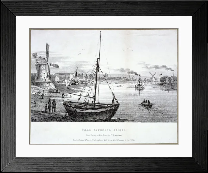 Framed Print : Vauxhall Bridge, London, 1829. Artist: FV Martens Framed Print : Vauxhall Bridge, London, 1829. Artist: FV Martens